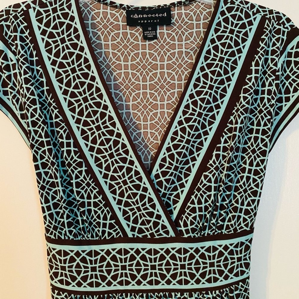 Geometric Faux-Wrap Dress w/Tie-Waist